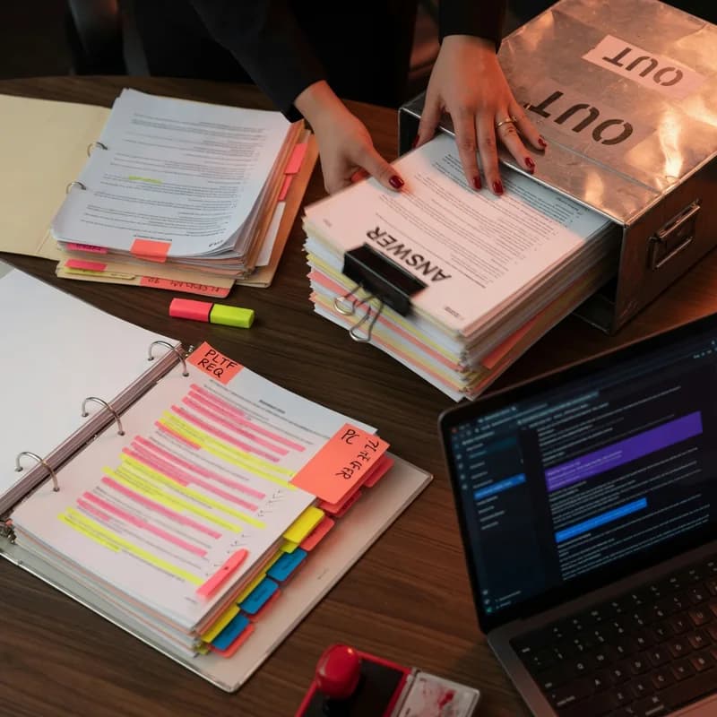 Attorney preparing court defense documents and case file